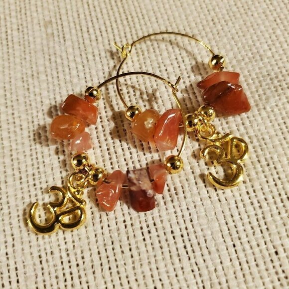 Gemstone Yoga Om Mantra Hoop Earrings 14K Gold Plated Red Agate - Picture 5 of 6
